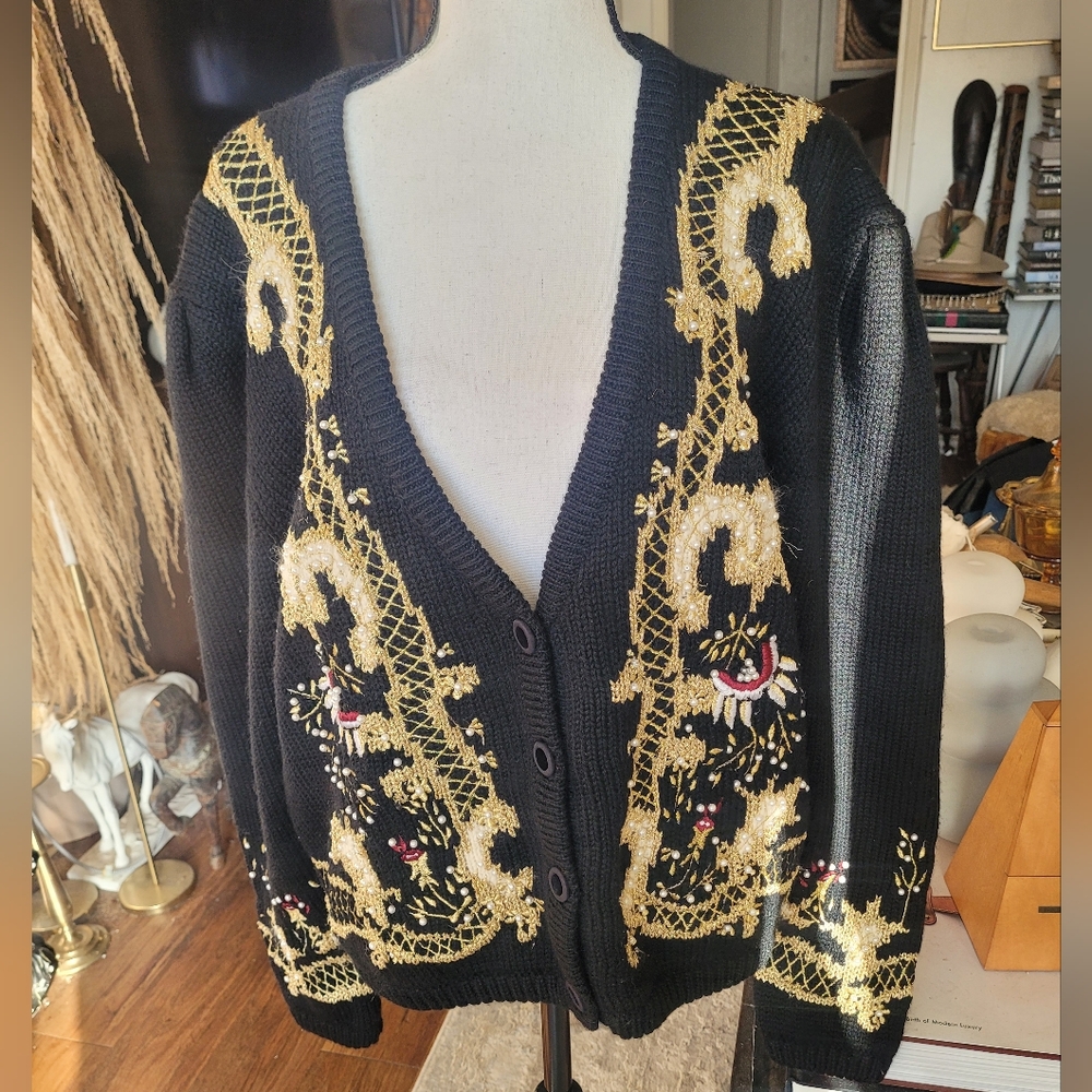 Westbound Black Ornate Cardigan with Gold Embroidery